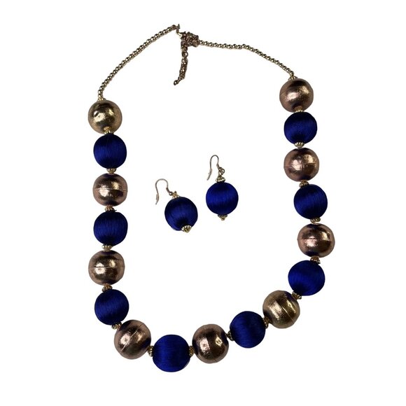 Blue Gold Beaded Statement Necklace Earrings Set Fashion Jewelry u - Picture 1 of 6